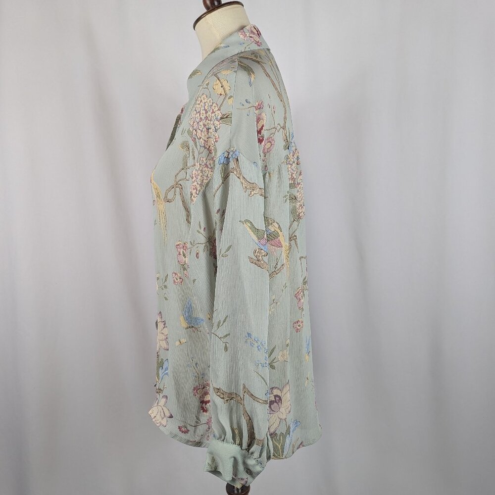 H&M x GP & J Baker Mint Green Floral Bird Print Blouse Asian Romantic Sz 8 - Picture 2 of 7